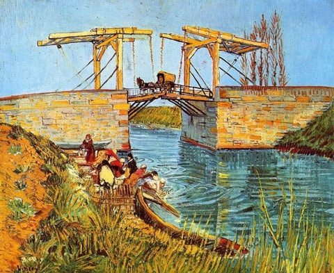 Langlois Bridge Women Washing White Modern Wood Framed Art Print with Double Matting by Van Gogh, Vincent