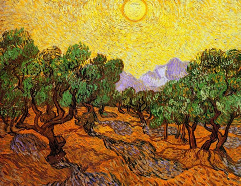 Olive Trees With Yellow Sky And Sun Black Ornate Wood Framed Art Print with Double Matting by Van Gogh, Vincent