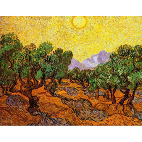 Olive Trees With Yellow Sky And Sun Black Modern Wood Framed Art Print with Double Matting by Van Gogh, Vincent