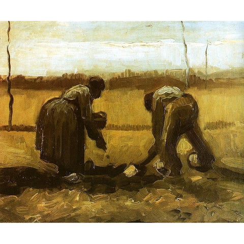 Peasants Planting Potatoes Gold Ornate Wood Framed Art Print with Double Matting by Van Gogh, Vincent