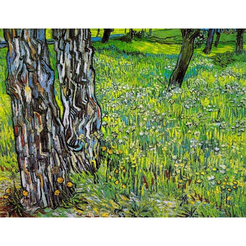 Pine Trees And Dandelions In The Garden Of Saint Paul Hospital 1890 Black Modern Wood Framed Art Print with Double Matting by Van Gogh, Vincent