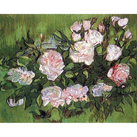 Pink Roses Gold Ornate Wood Framed Art Print with Double Matting by Van Gogh, Vincent