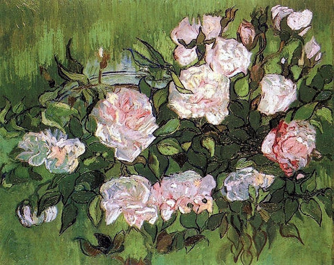 Pink Roses White Modern Wood Framed Art Print with Double Matting by Van Gogh, Vincent