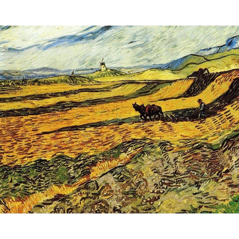 Ploughman And Mill Gold Ornate Wood Framed Art Print with Double Matting by Van Gogh, Vincent