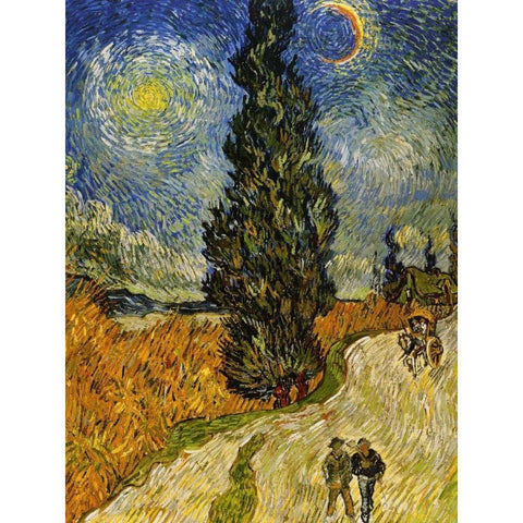 Road Cypress And Star Gold Ornate Wood Framed Art Print with Double Matting by Van Gogh, Vincent