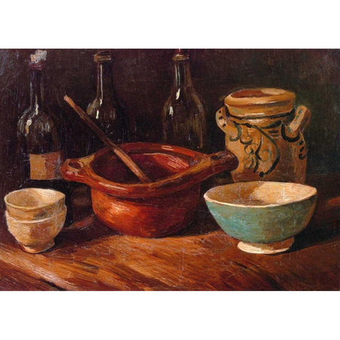 Still Life Earthenware And Bottles Gold Ornate Wood Framed Art Print with Double Matting by Van Gogh, Vincent