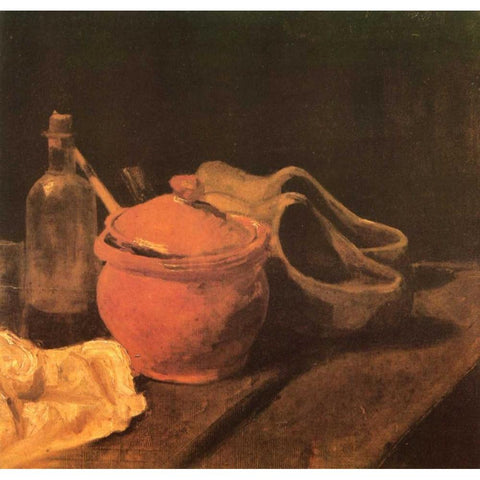 Still Life Earthenware Bottle And Clogs White Modern Wood Framed Art Print by Van Gogh, Vincent