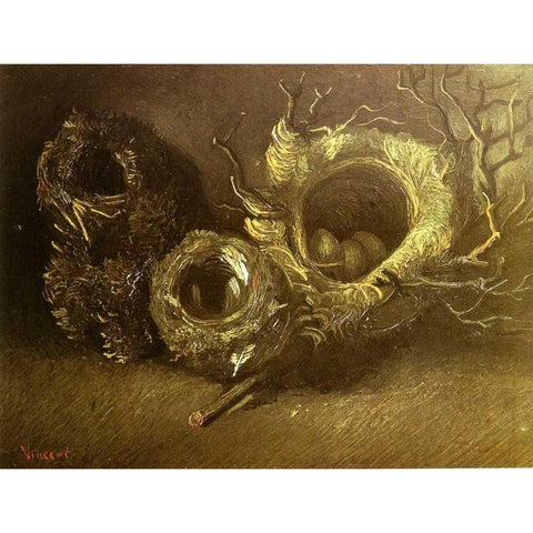 Still Life With Three Birds Nests Gold Ornate Wood Framed Art Print with Double Matting by Van Gogh, Vincent