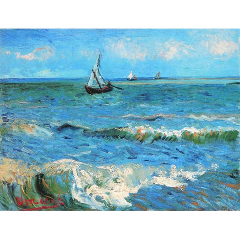 The Sea At Les Saintes Maries De La Mer Black Modern Wood Framed Art Print with Double Matting by Van Gogh, Vincent