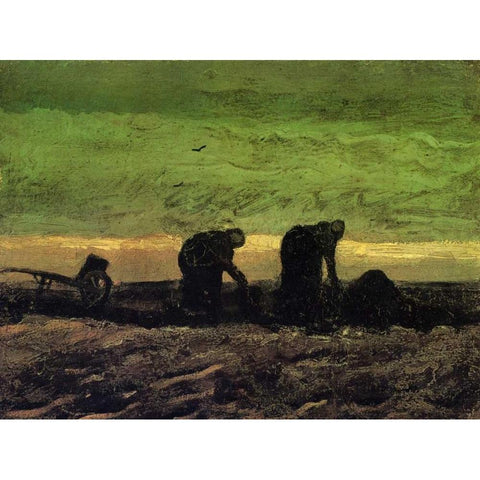 Two Peasant Women In Peat Field Gold Ornate Wood Framed Art Print with Double Matting by Van Gogh, Vincent