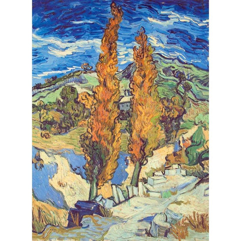 Two Poplars On Road Black Modern Wood Framed Art Print with Double Matting by Van Gogh, Vincent