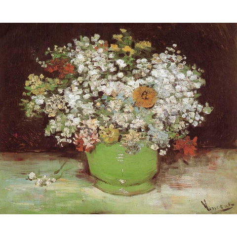 Vase Zinnias And Other Flowers Black Modern Wood Framed Art Print with Double Matting by Van Gogh, Vincent