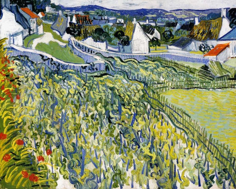 Vineyards Auvers White Modern Wood Framed Art Print with Double Matting by Van Gogh, Vincent