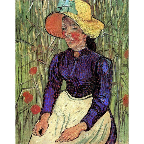 Young Peasant Woman Straw Hat Black Modern Wood Framed Art Print with Double Matting by Van Gogh, Vincent