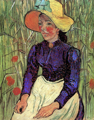 Young Peasant Woman Straw Hat White Modern Wood Framed Art Print with Double Matting by Van Gogh, Vincent