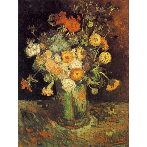 Zinnias Geraniums Gold Ornate Wood Framed Art Print with Double Matting by Van Gogh, Vincent