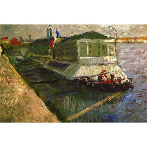 Bathing Float On Seine White Modern Wood Framed Art Print by Van Gogh, Vincent