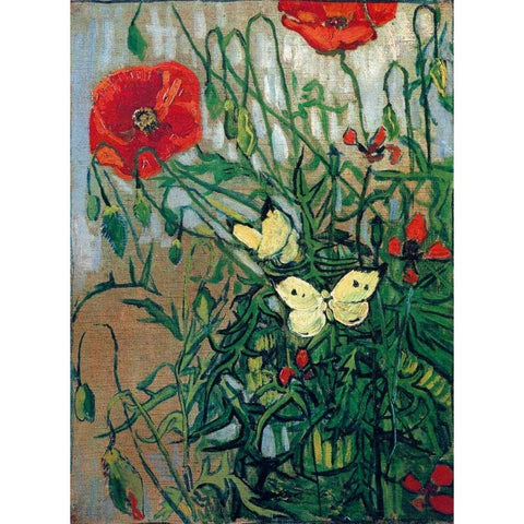 Butterflies And Poppies Black Modern Wood Framed Art Print with Double Matting by Van Gogh, Vincent