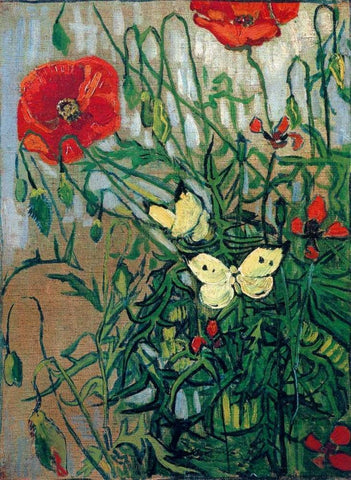 Butterflies And Poppies White Modern Wood Framed Art Print with Double Matting by Van Gogh, Vincent