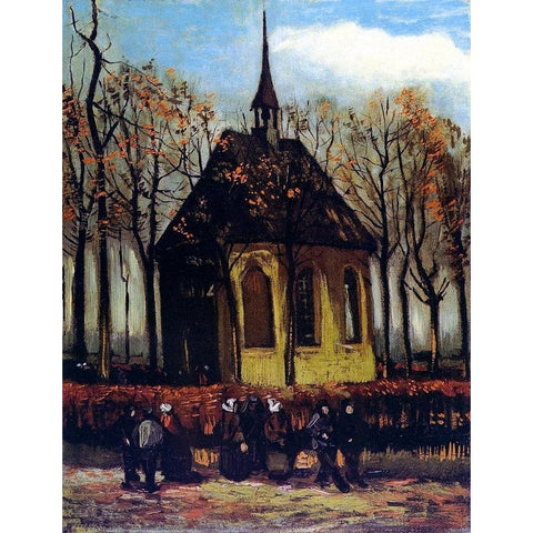 Chapel At Nuenen With Churchgoers White Modern Wood Framed Art Print by Van Gogh, Vincent