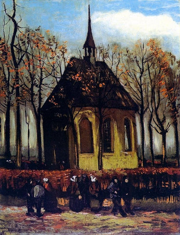 Chapel At Nuenen With Churchgoers Black Ornate Wood Framed Art Print with Double Matting by Van Gogh, Vincent