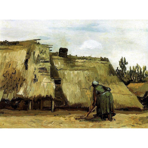 Cottage With Woman Digging White Modern Wood Framed Art Print by Van Gogh, Vincent