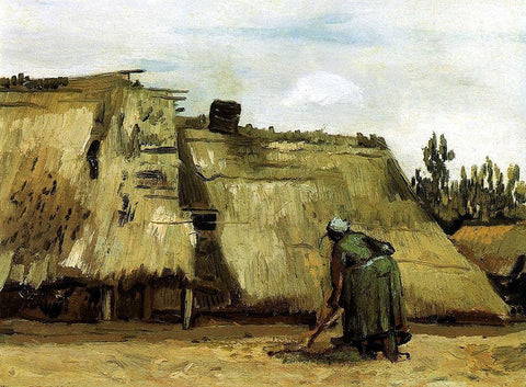 Cottage With Woman Digging White Modern Wood Framed Art Print with Double Matting by Van Gogh, Vincent