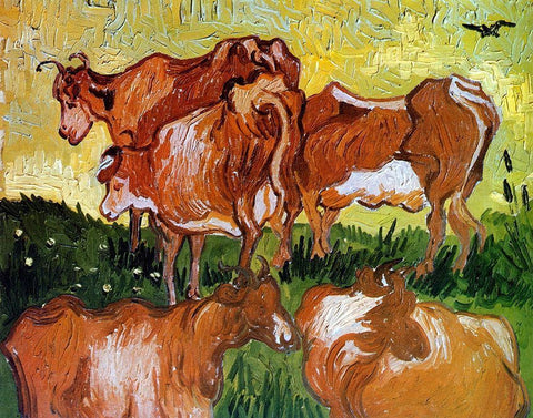 Cows White Modern Wood Framed Art Print with Double Matting by Van Gogh, Vincent