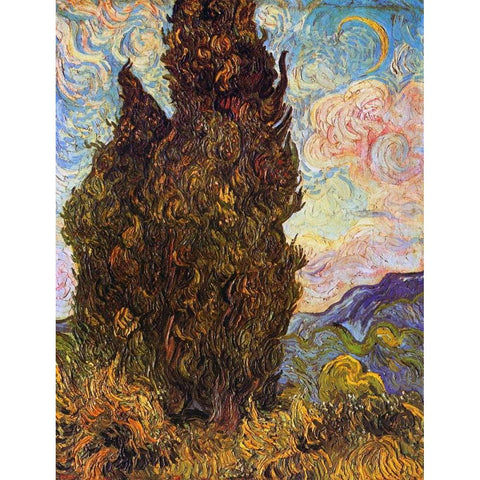 Cypresses Black Modern Wood Framed Art Print with Double Matting by Van Gogh, Vincent