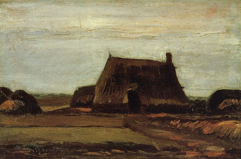 Farm House With Peat Stacks White Modern Wood Framed Art Print with Double Matting by Van Gogh, Vincent