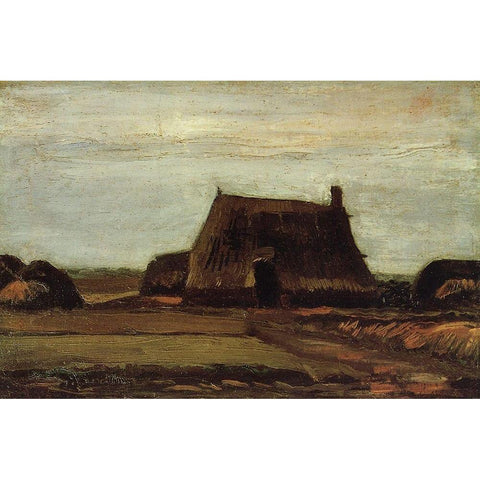 Farm House With Peat Stacks Gold Ornate Wood Framed Art Print with Double Matting by Van Gogh, Vincent