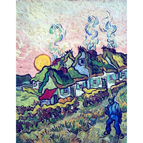 Figure And Houses White Modern Wood Framed Art Print by Van Gogh, Vincent