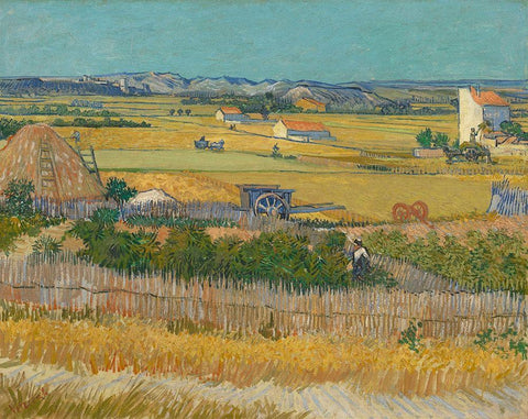 Harvest At La Crau And Montmajour White Modern Wood Framed Art Print with Double Matting by Van Gogh, Vincent