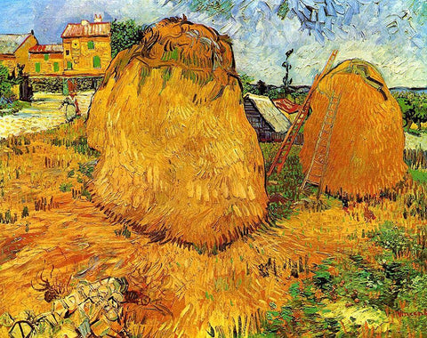 Haystacks In Provence Black Ornate Wood Framed Art Print with Double Matting by Van Gogh, Vincent