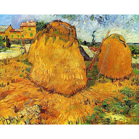 Haystacks In Provence Black Modern Wood Framed Art Print with Double Matting by Van Gogh, Vincent