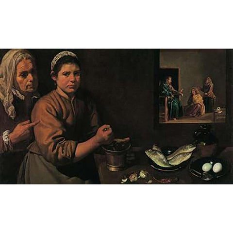 Museumist In The House Of Martha And Mary Black Modern Wood Framed Art Print with Double Matting by Velazquez, Diego