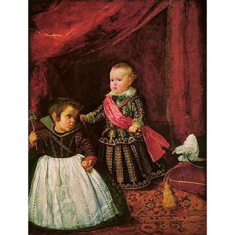 Don Baltasar And His Dwarf Black Modern Wood Framed Art Print with Double Matting by Velazquez, Diego