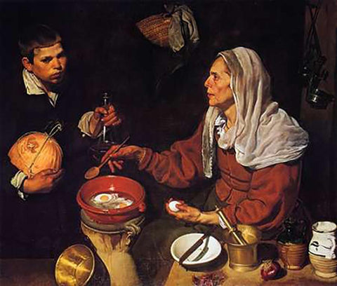 Old Woman Cooking Eggs Black Ornate Wood Framed Art Print with Double Matting by Velazquez, Diego