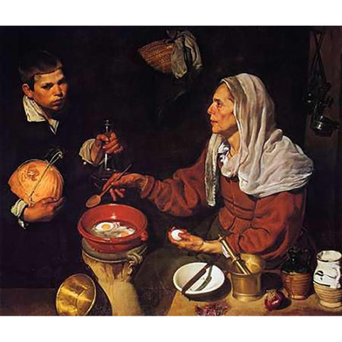 Old Woman Cooking Eggs Gold Ornate Wood Framed Art Print with Double Matting by Velazquez, Diego