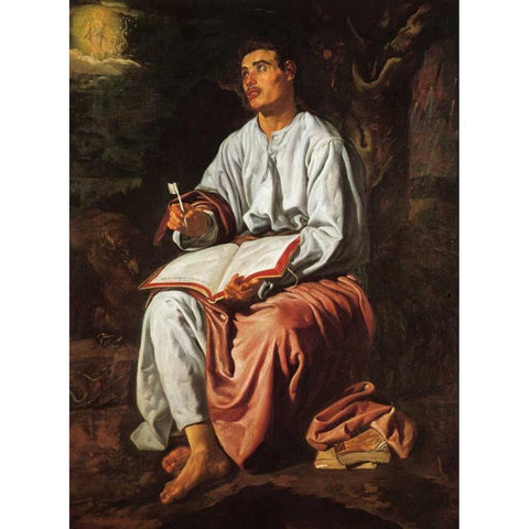 Saint John The Evangelist On The Island Of Patmos Black Modern Wood Framed Art Print with Double Matting by Velazquez, Diego