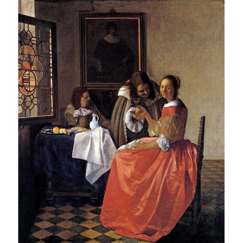 A Lady And Two Gentlemen Gold Ornate Wood Framed Art Print with Double Matting by Vermeer, Johannes