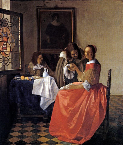 A Lady And Two Gentlemen White Modern Wood Framed Art Print with Double Matting by Vermeer, Johannes