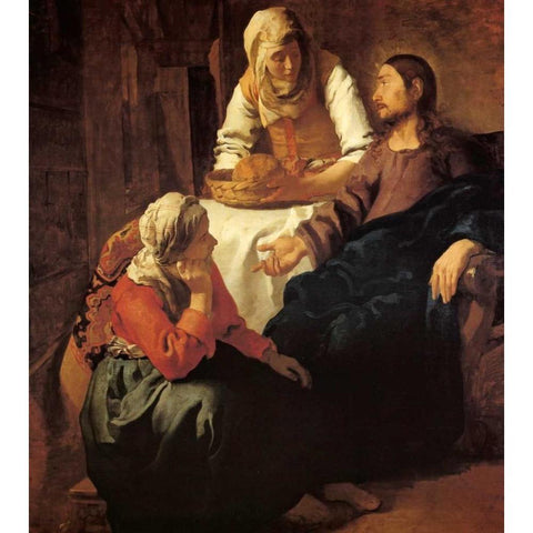 Christ In The House Of Mary And Martha White Modern Wood Framed Art Print by Vermeer, Johannes