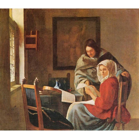 Gentleman And The Girl With Music Gold Ornate Wood Framed Art Print with Double Matting by Vermeer, Johannes