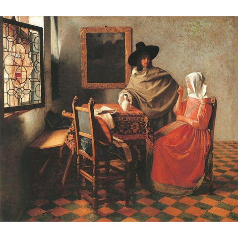 Gentleman And Woman Drinking White Modern Wood Framed Art Print by Vermeer, Johannes