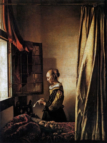 Girl Reading A Letter At An Open Window Black Ornate Wood Framed Art Print with Double Matting by Vermeer, Johannes