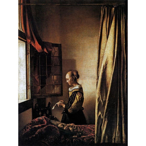 Girl Reading A Letter At An Open Window White Modern Wood Framed Art Print by Vermeer, Johannes