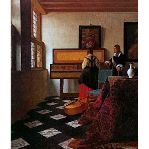 Lady At The Virginals With A Gentleman White Modern Wood Framed Art Print by Vermeer, Johannes