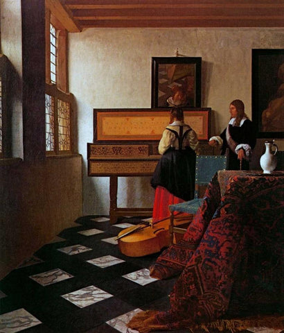 Lady At The Virginals With A Gentleman White Modern Wood Framed Art Print with Double Matting by Vermeer, Johannes