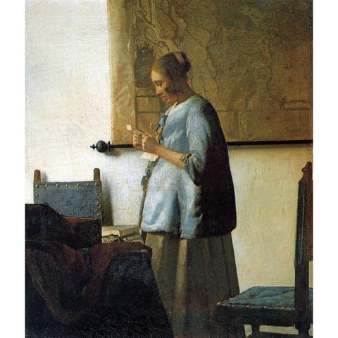 Lady In Blue Black Modern Wood Framed Art Print with Double Matting by Vermeer, Johannes